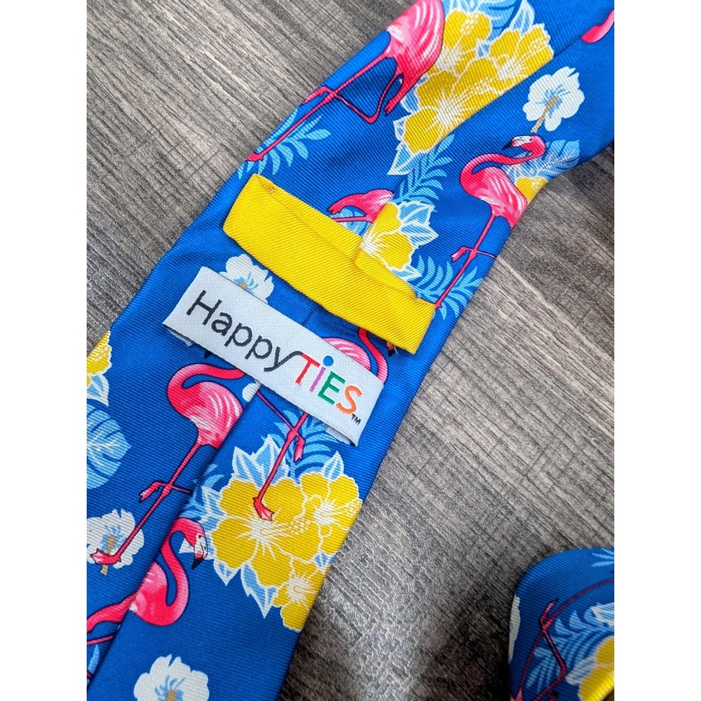 Happy Ties Men's Flamingo Floral Blue Silk Neck Tie - Picture 4 of 4
